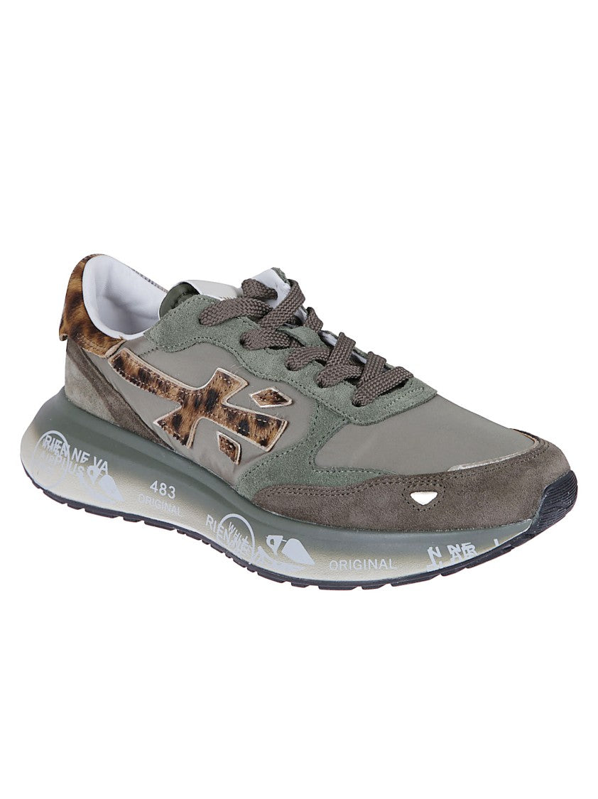 Premiata Green Technical Fabric And Suede Sneakers With Leopard-Print Details