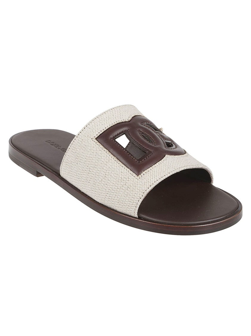 Dolce & Gabbana Textured Fabric Slide Sandals With Leather Emblem