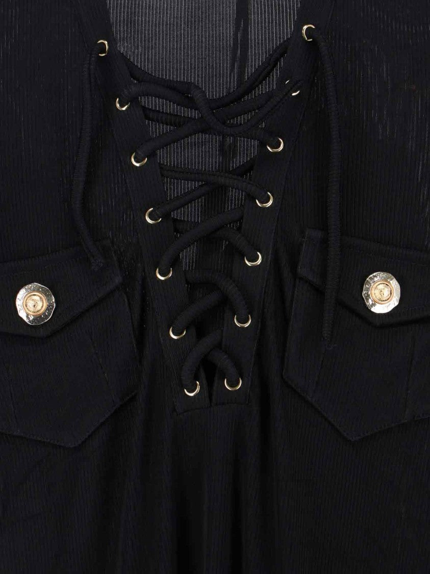 Balmain Fitted Black Sweater With Lace-Up V-Neckline