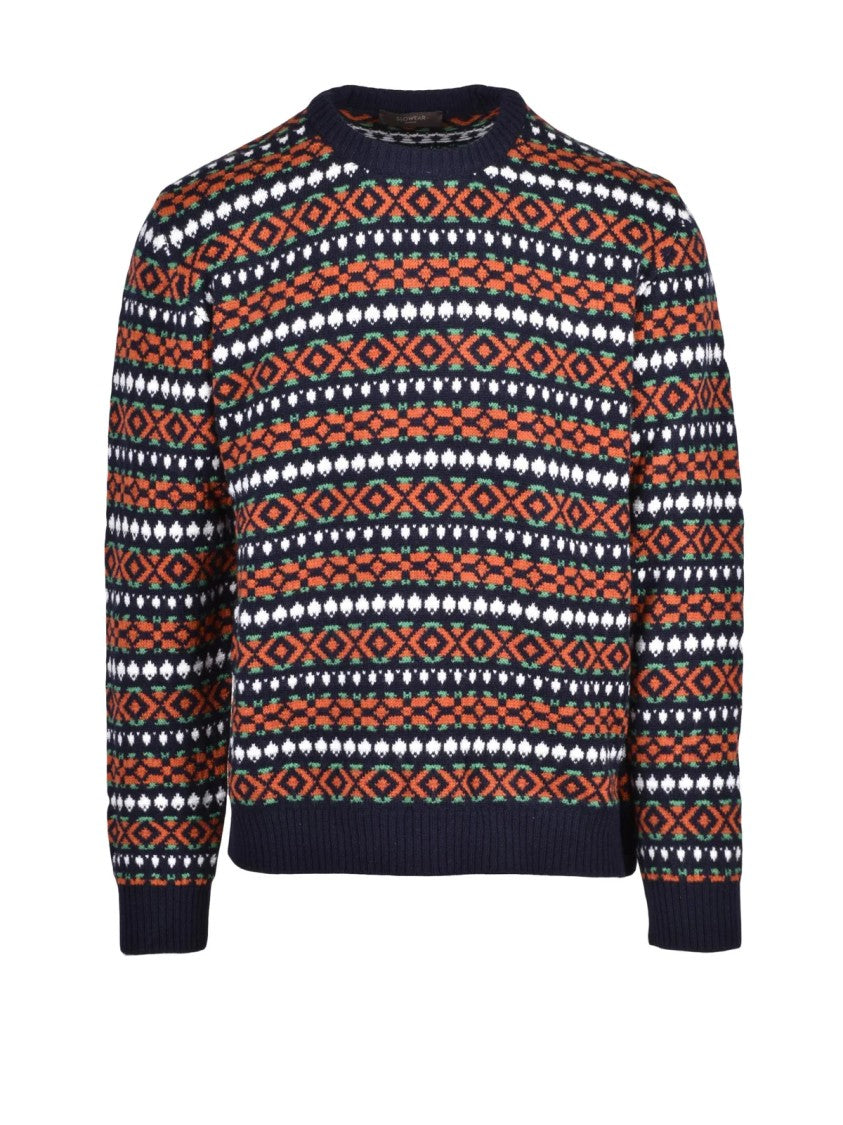 Slowear By Zanone Blue/Orange Geometric Virgin Wool Crewneck Sweater