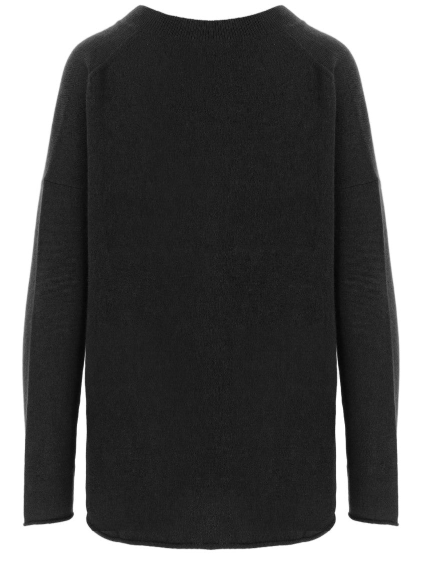 Allude Black Ribbed V-Neck Cashmere Sweater