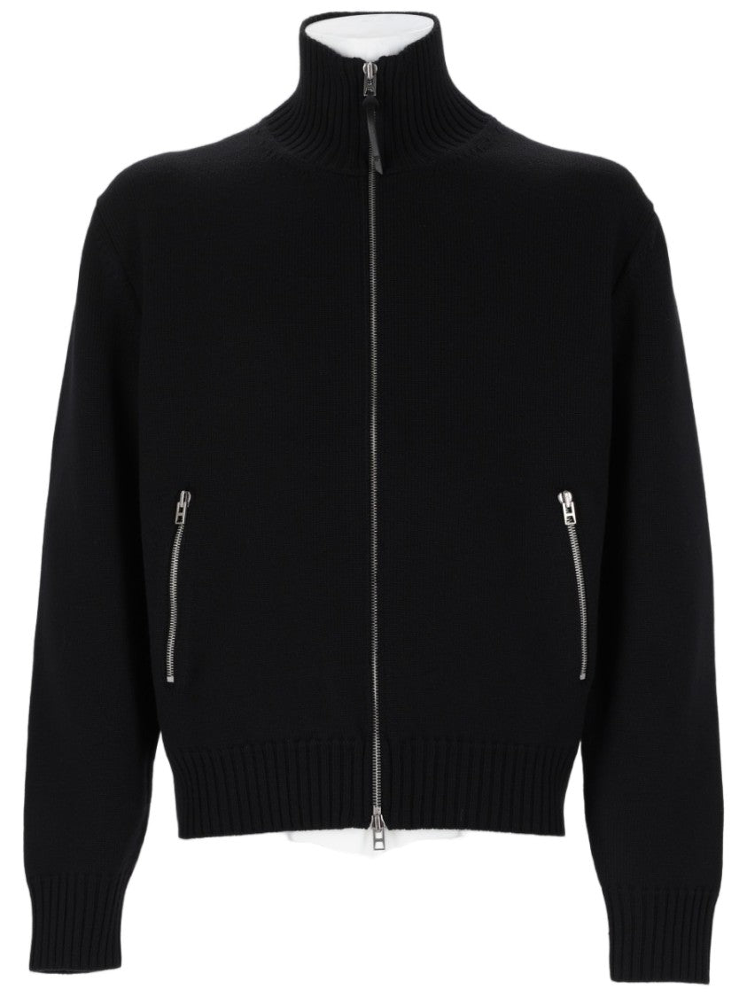 Tom Ford Black Zip-Up Sweater With Ribbed Collar And Leather Patches