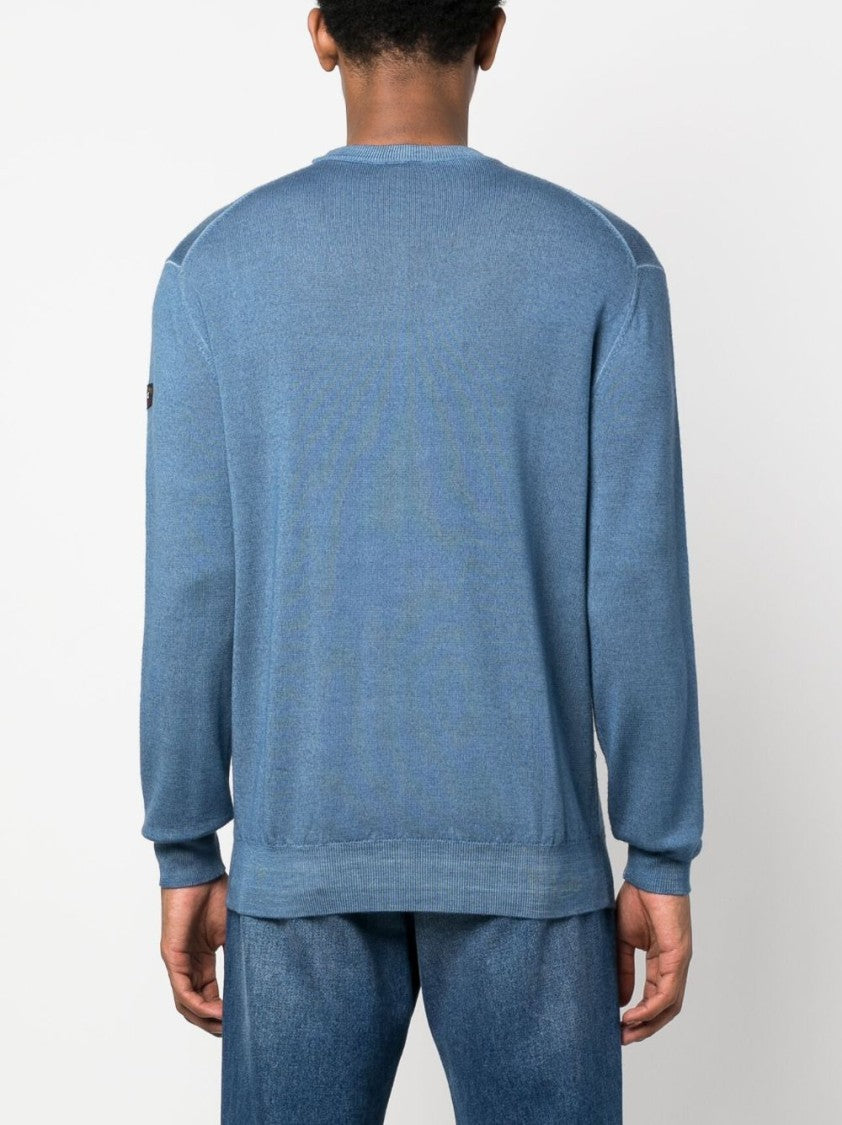 Paul & Shark Muted Blue Crew Neck Wool Sweater With Ribbed Cuffs