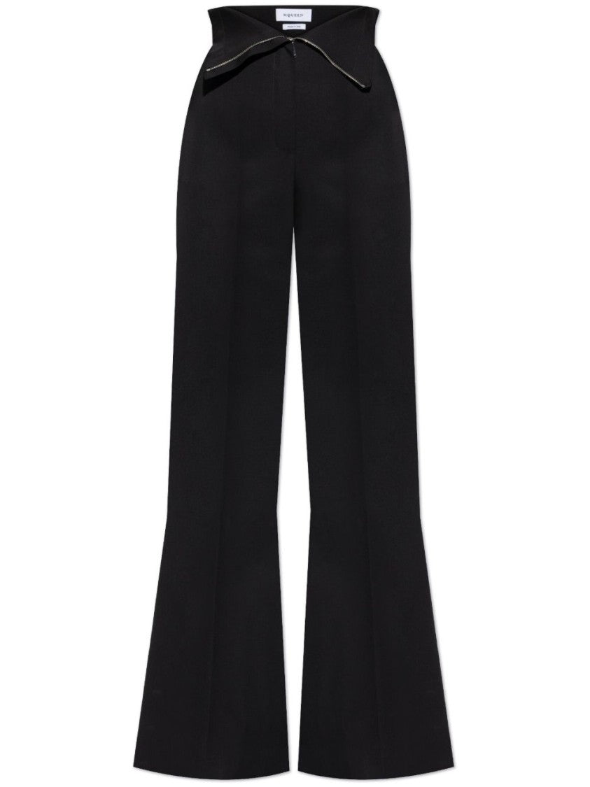 Alexander Mcqueen Tailored Black Trousers With High Fold-Over Waist And Flared Silhouette