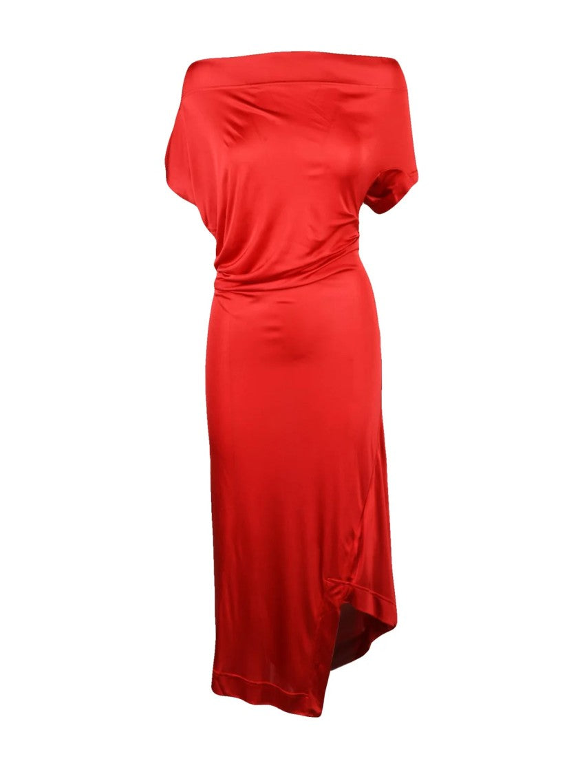 Vivienne Westwood Asymmetric Red Lycra Midi Dress With Off-Shoulder Neckline