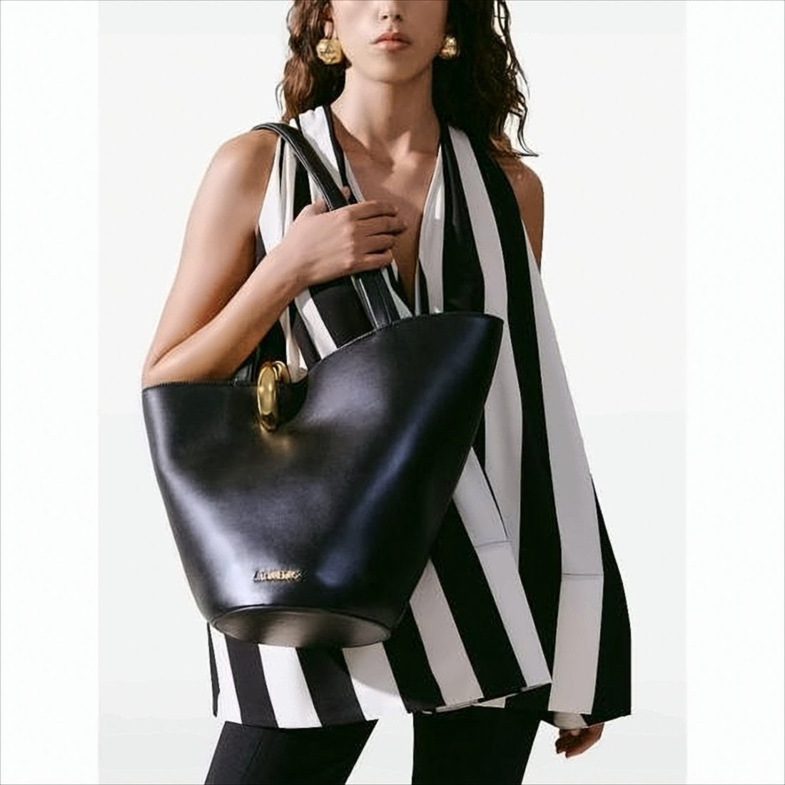 Jacquemus Structured Black Leather Shoulder Bag With Gold Hardware