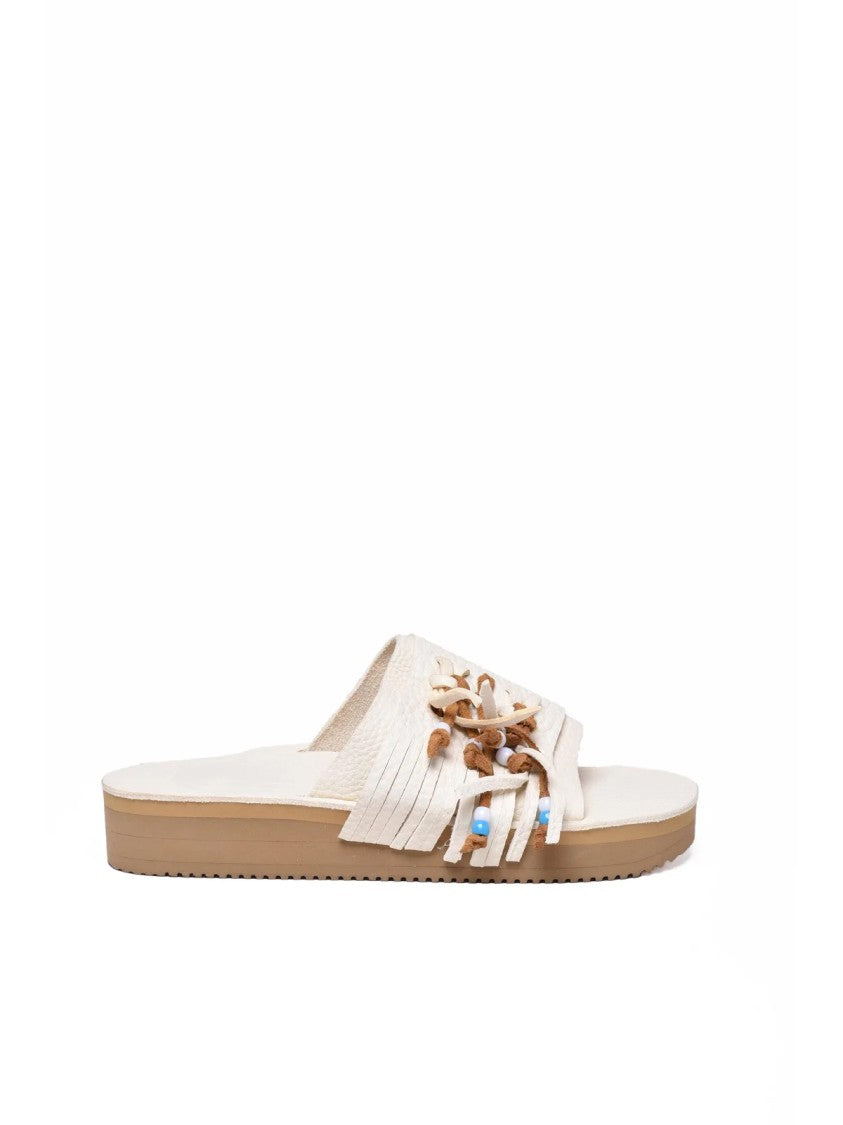 Corbi & Sons White Fringe Leather Platform Slide Sandals
