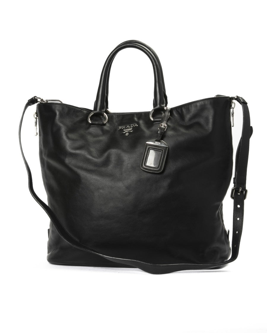 Prada Black Leather Medium Vertical Zip Shopper Tote Bag