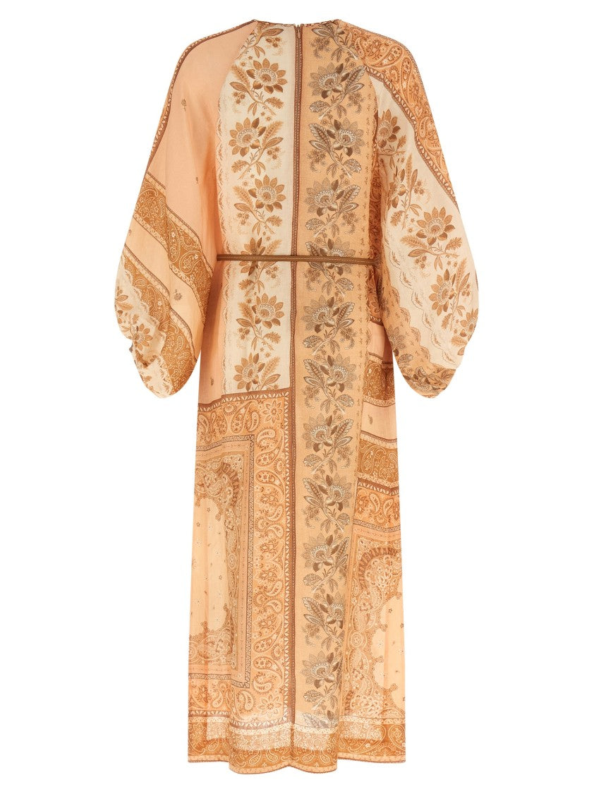 Zimmermann Peach Bandana Print Linen Midi Dress With Adjustable Neckline