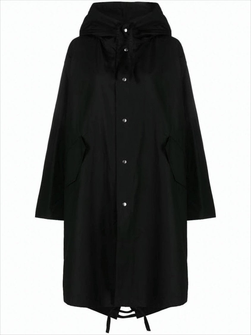 Jil Sander Hooded Black Cotton Coat With Fishtail Hem