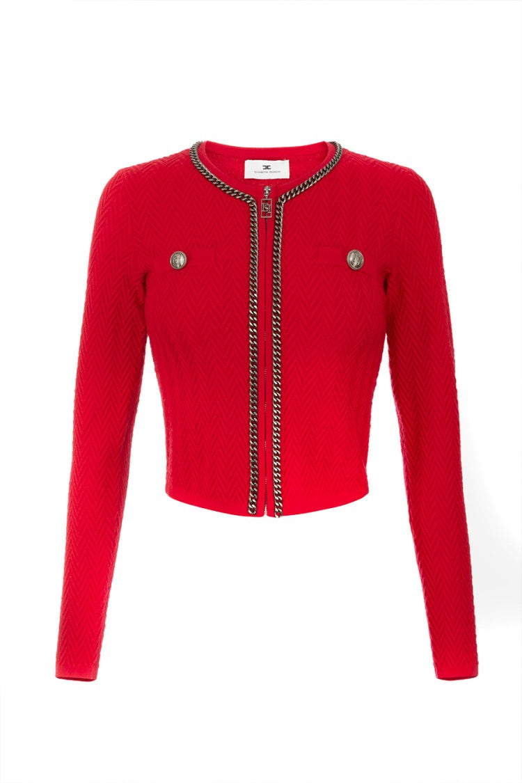 Elisabetta Franchi Textured Cropped Cardigan With Chain Detail