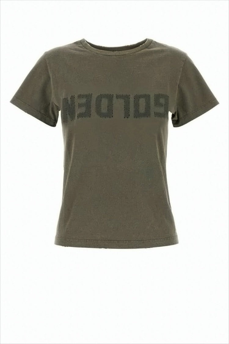 Golden Goose Cropped Olive Green T-Shirt With Reversed Text Print