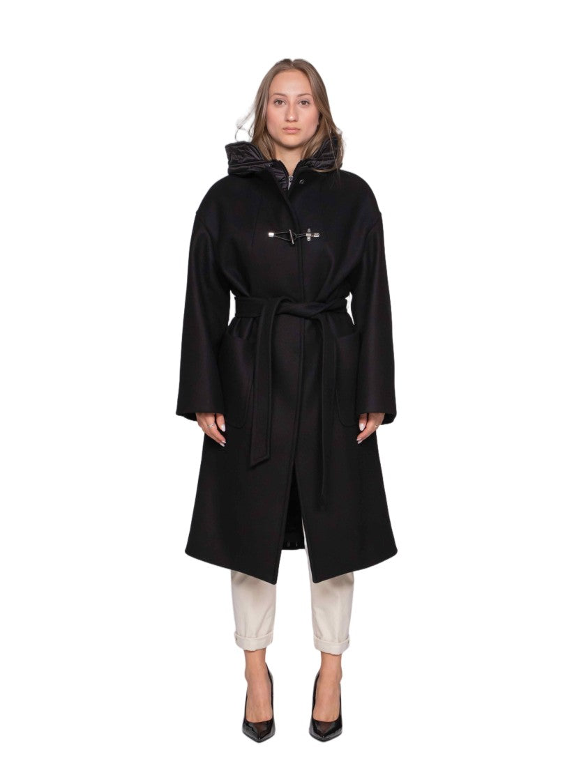 Fay Mid-Calf Length Black Coat With Quilted Hood And Belted Waist