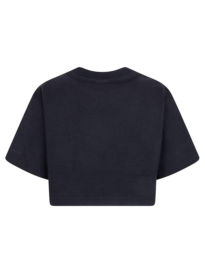 Balenciaga Cropped Black Interlock Jersey T-Shirt With Embroidered Logo