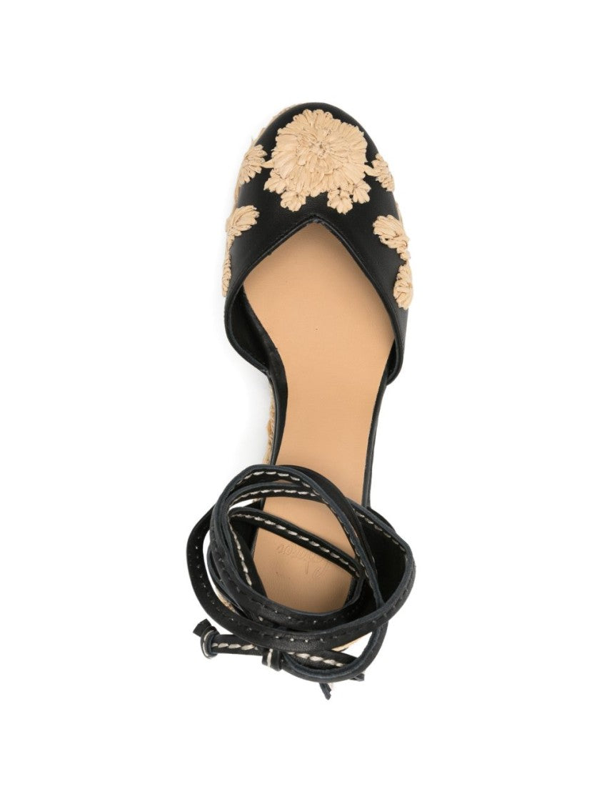 Castaner Embroidered Black Wedge Sandals With Bow Detail