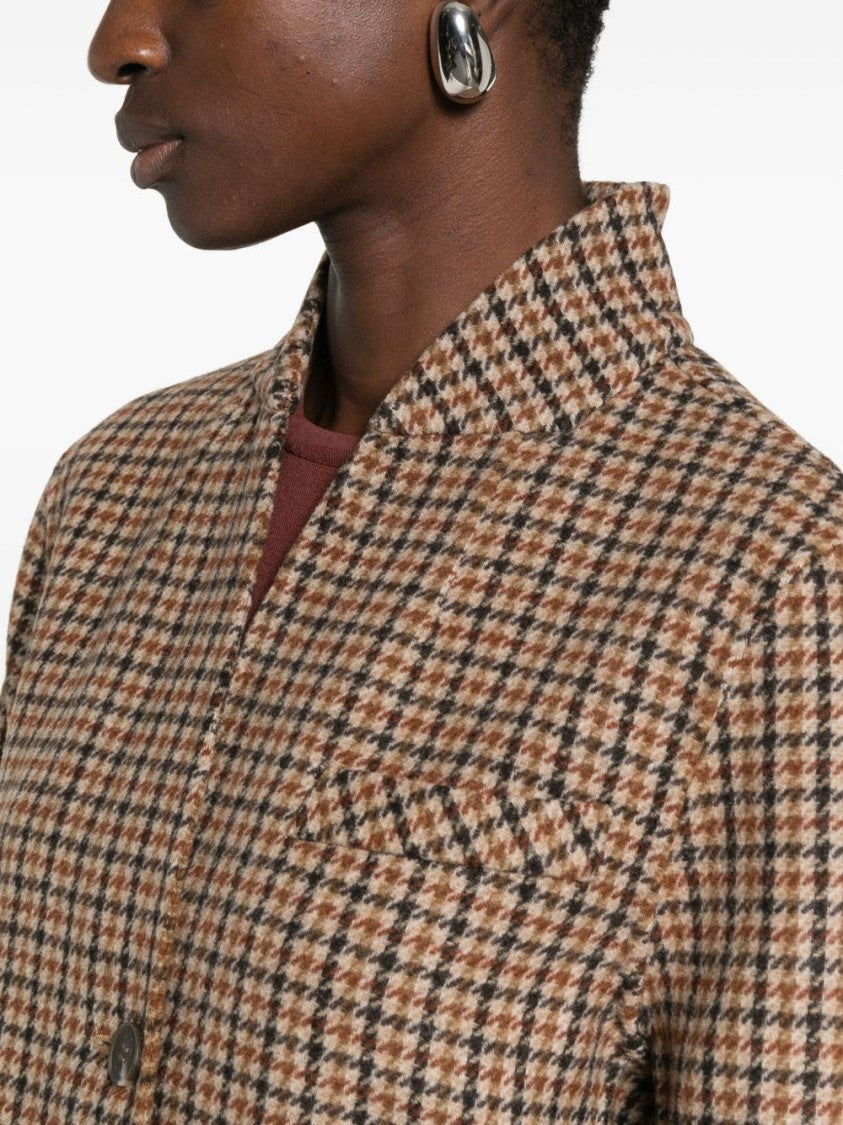 Yerse Houndstooth Pattern Brown Wool-Blend Coat