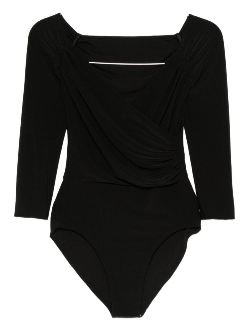 Norma Kamali Draped Black Bodysuit Top With Deep V-Neckline