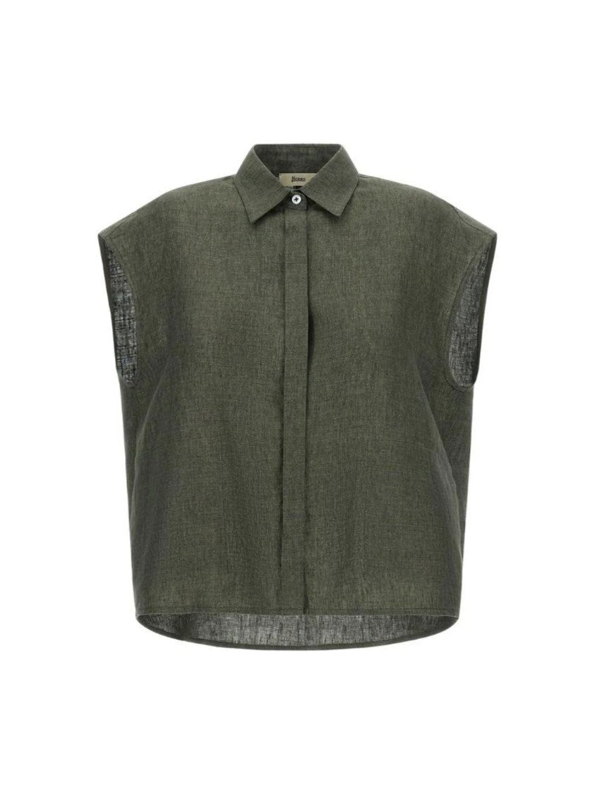 Herno Green Structured Collar Linen Shirt