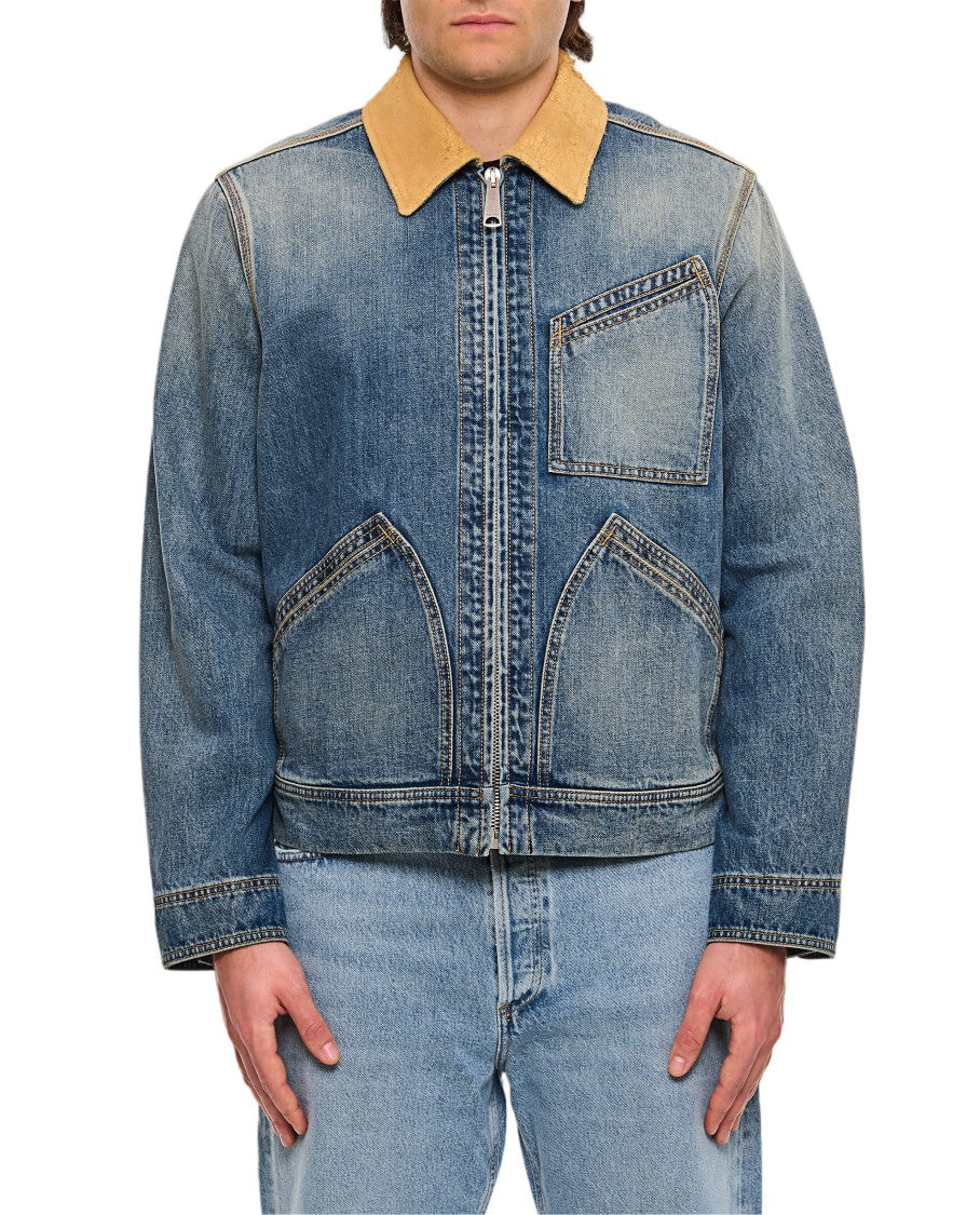 Alexander Mcqueen Denim Workwear Jacket With Distinctive Tan Collar And Multiple Pockets