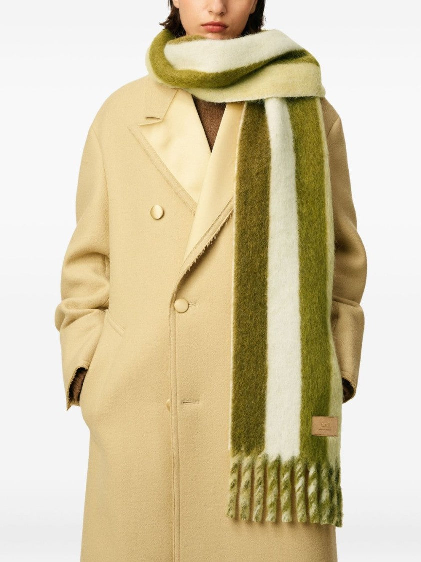 Ami Paris Ivory Lime Green Striped Fringed Scarf