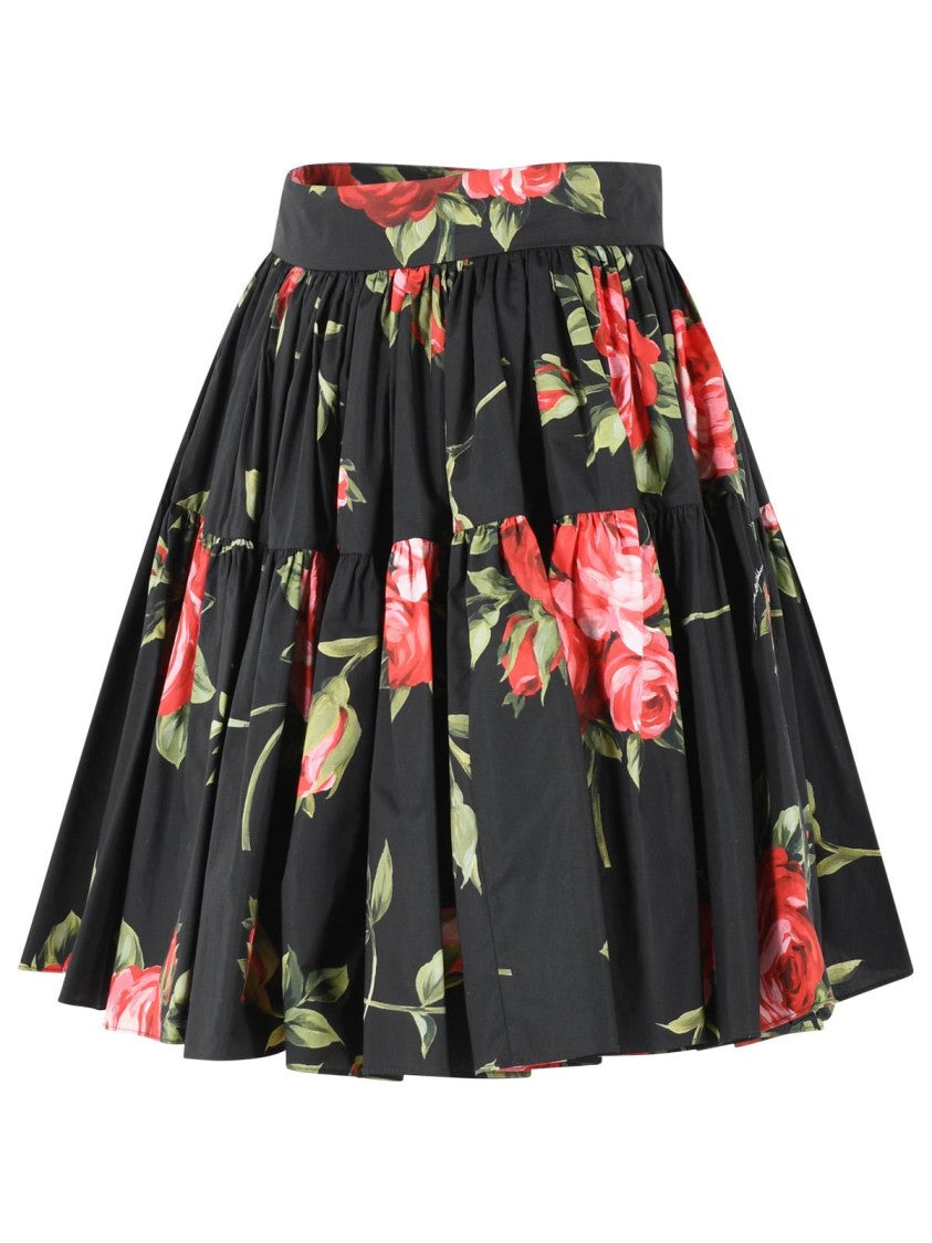 Dolce & Gabbana 'Bouquet Rose' Print Short Skirt In Black Cotton