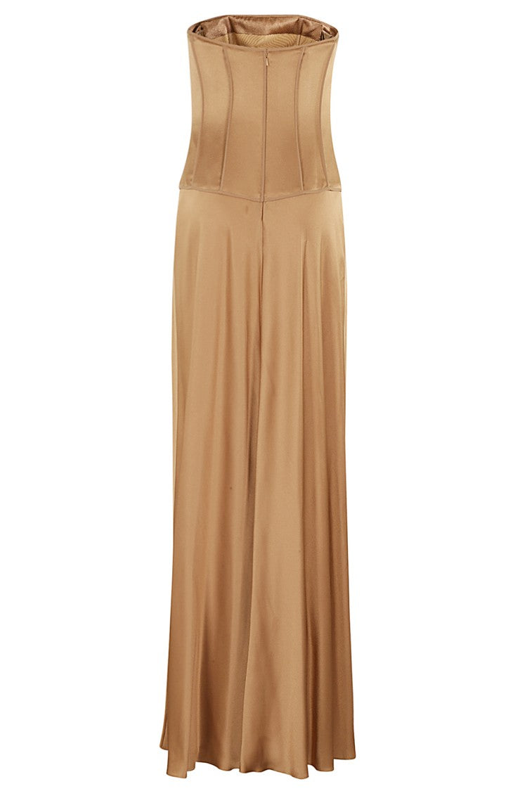 Alberta Ferretti Bustier Satin Dress With Pleated Skirt