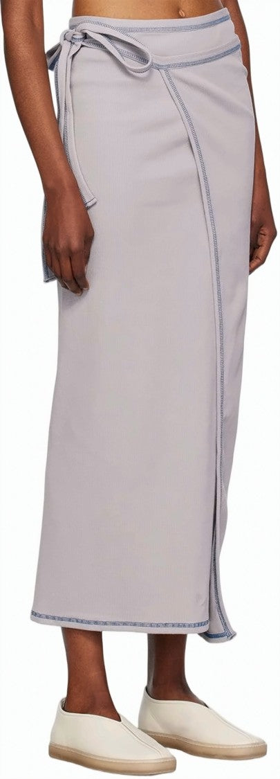 Baserange Asymmetrical Midi Skirt With Ribbed Texture And Waist Tie
