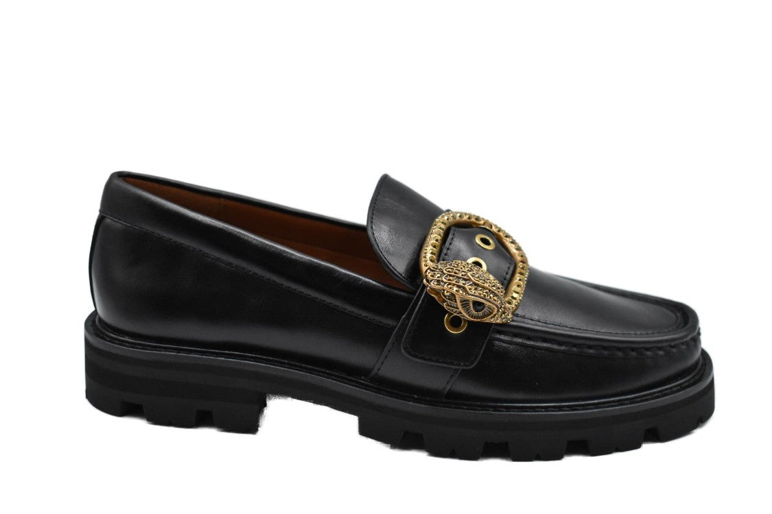 Kurt Geiger Black Leather Flat Shoes With Oversized Buckle Detail