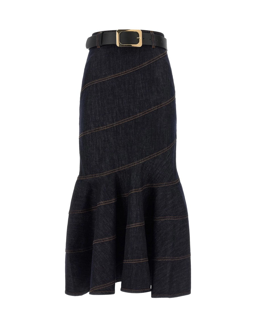 Self-Portrait Blue Belted Cotton-Blend Midi Skirt