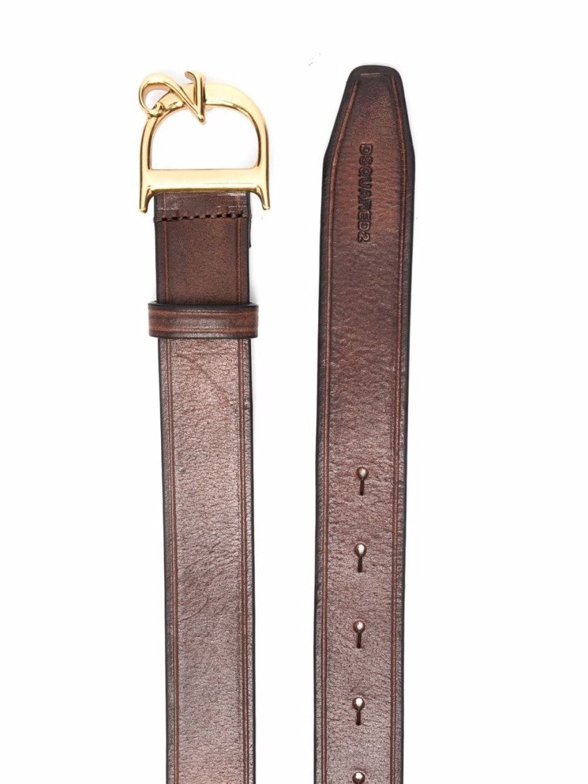Dsquared2 Brown Leather Belt With Gold Logo Buckle