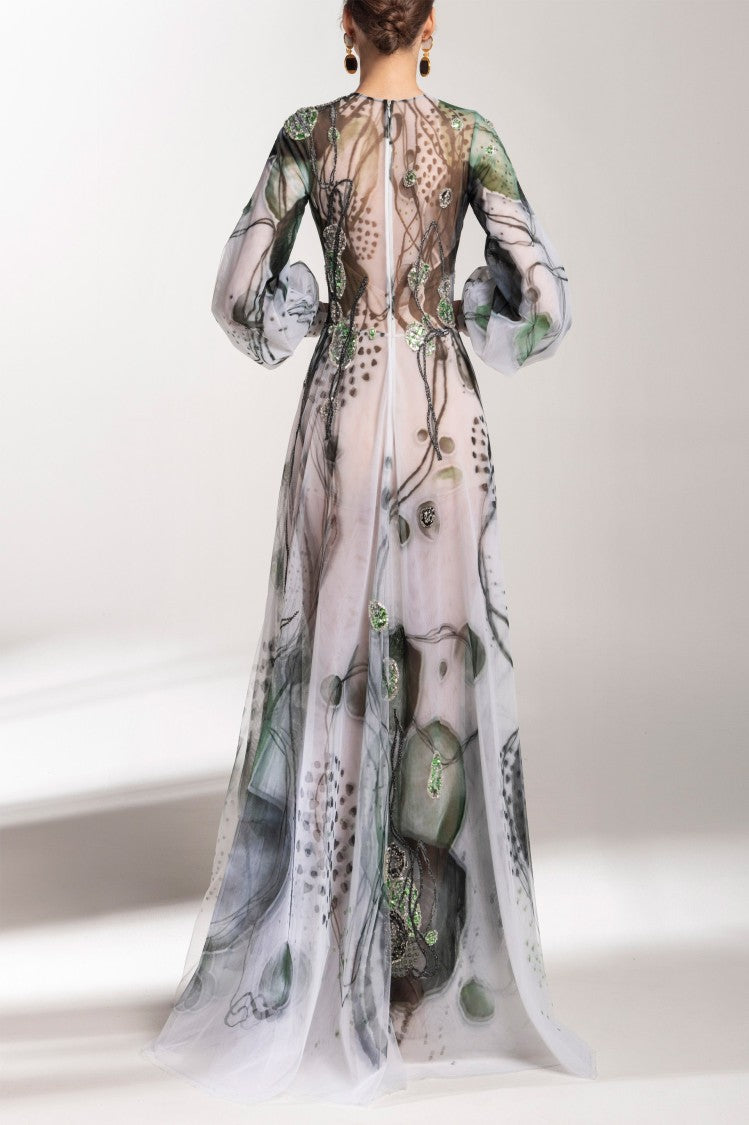 Saiid Kobeisy Tulle Printed Dress With Beading