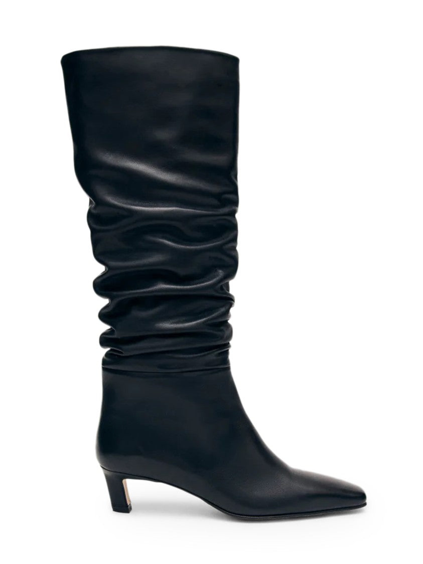 Alohas Mid-Calf Black Leather Boots With Pointed Toe And Relaxed Texture