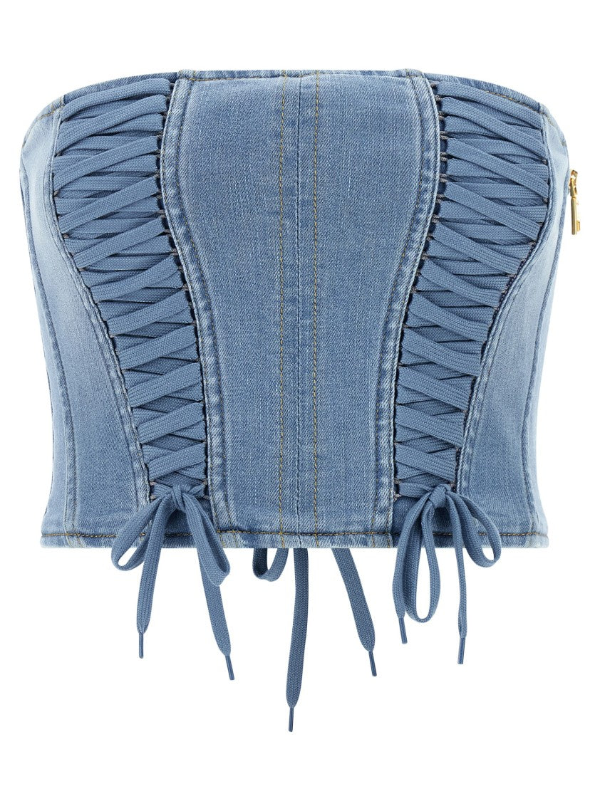 Elisabetta Franchi Denim Bustier Top With Criss-Cross Laces And Contrast Stitching