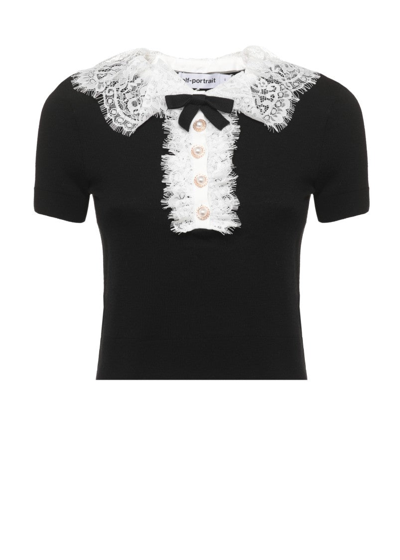 Self-Portrait Black Knit Lace Collar Short-Sleeved Top