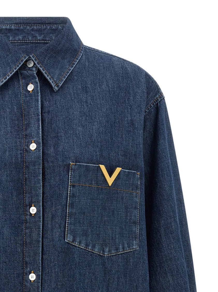Valentino Garavani Solid Chambray Denim Shirt With Antiqued Vgold Detail