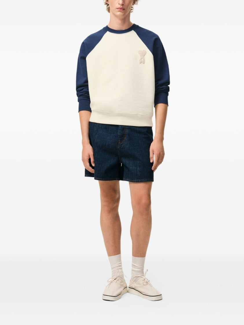Ami Paris Cream And Blue Two-Tone Knitted Crew Neck Sweater With Raglan Sleeves