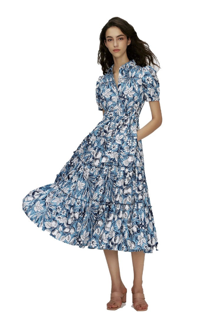 Diane Von Furstenberg Blue Cotton Floral-Print Tiered Dress