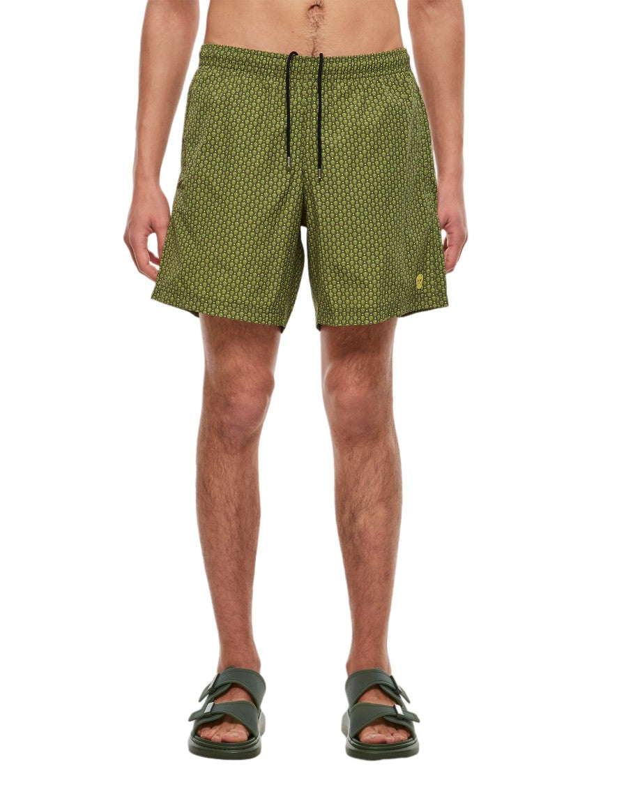 Alexander Mcqueen Skull-Embellished Green Swim Shorts With Adjustable Waistband