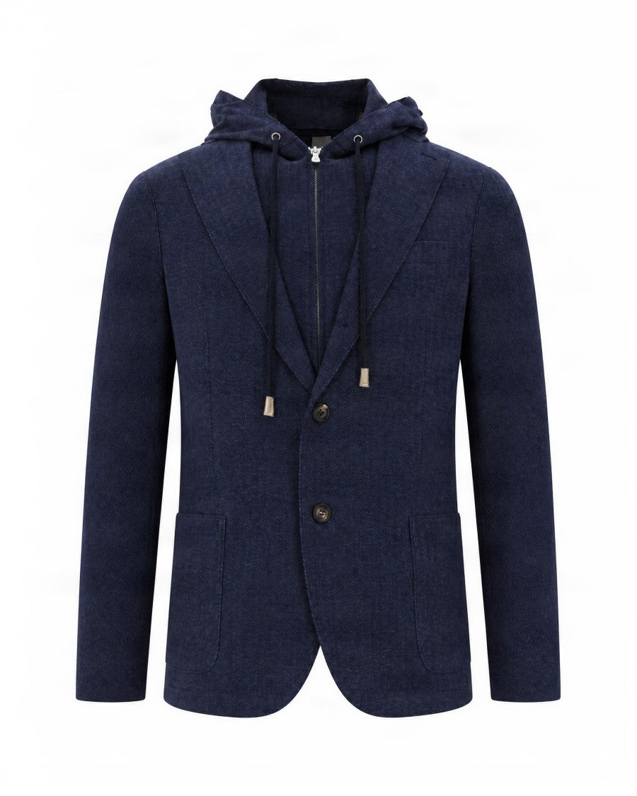 Eleventy Navy Blue Hooded Polyester-Blend Blazer