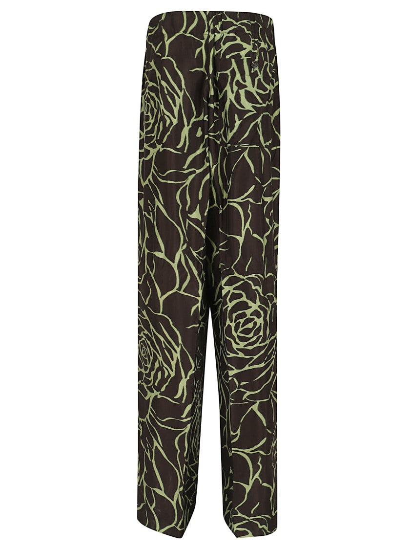 Dries Van Noten Fluid Twill Wide-Leg Trousers With Woodblock Rose Print