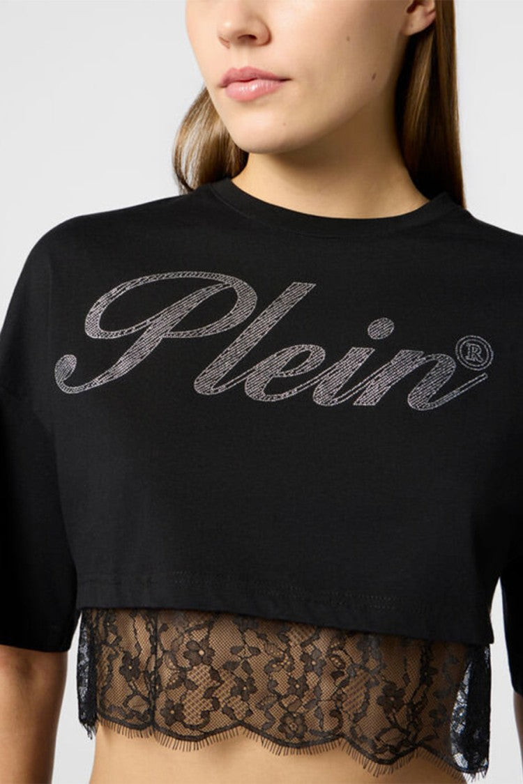 Philipp Plein Black Cotton Lace-Hem Cropped T-Shirt
