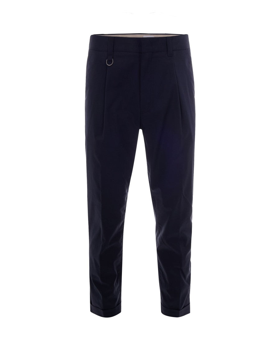 Paolo Pecora Navy Blue Chino Pants With Cuffed Hems And Structured Fabric