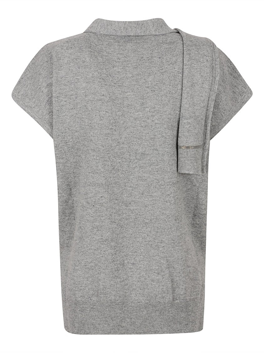 Fabiana Filippi Knit Top With Draped Scarf Detail In Heather Grey