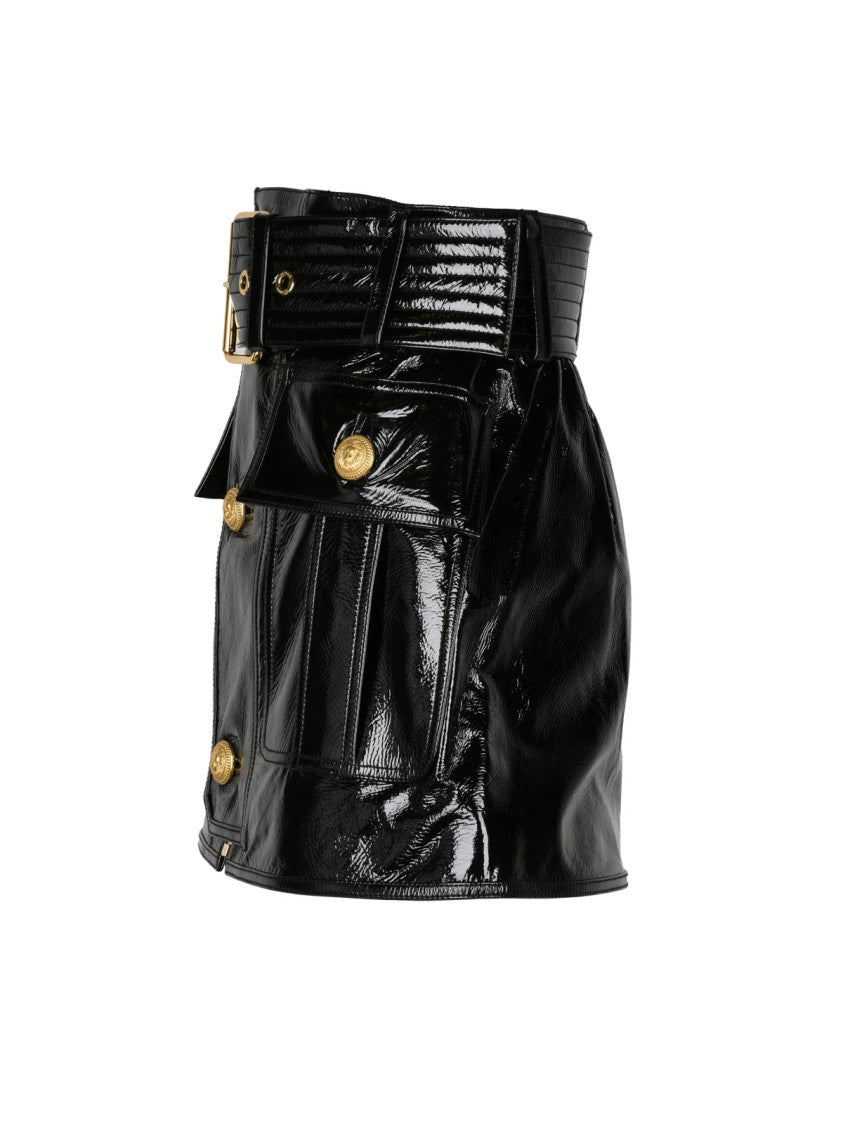 Balmain Flared Mini Skirt In Glossy Patent Leather