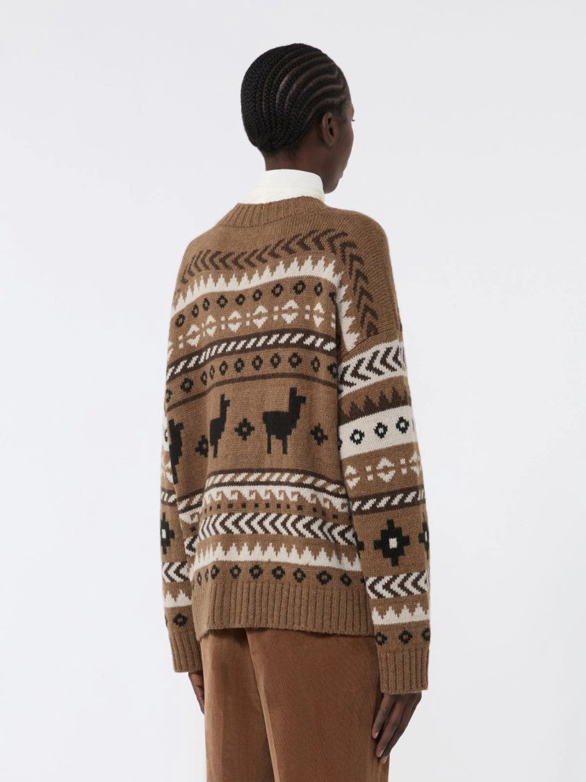 Max Mara Textured Brown Knit Cardigan With Geometric Motifs