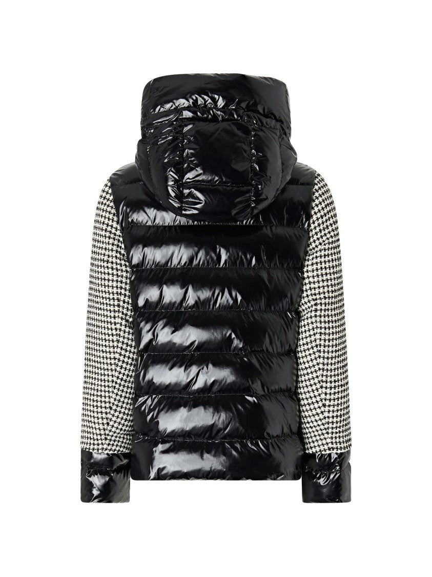Pinko Cropped Houndstooth Tweed Jacket With Glossy Quilted Detailing