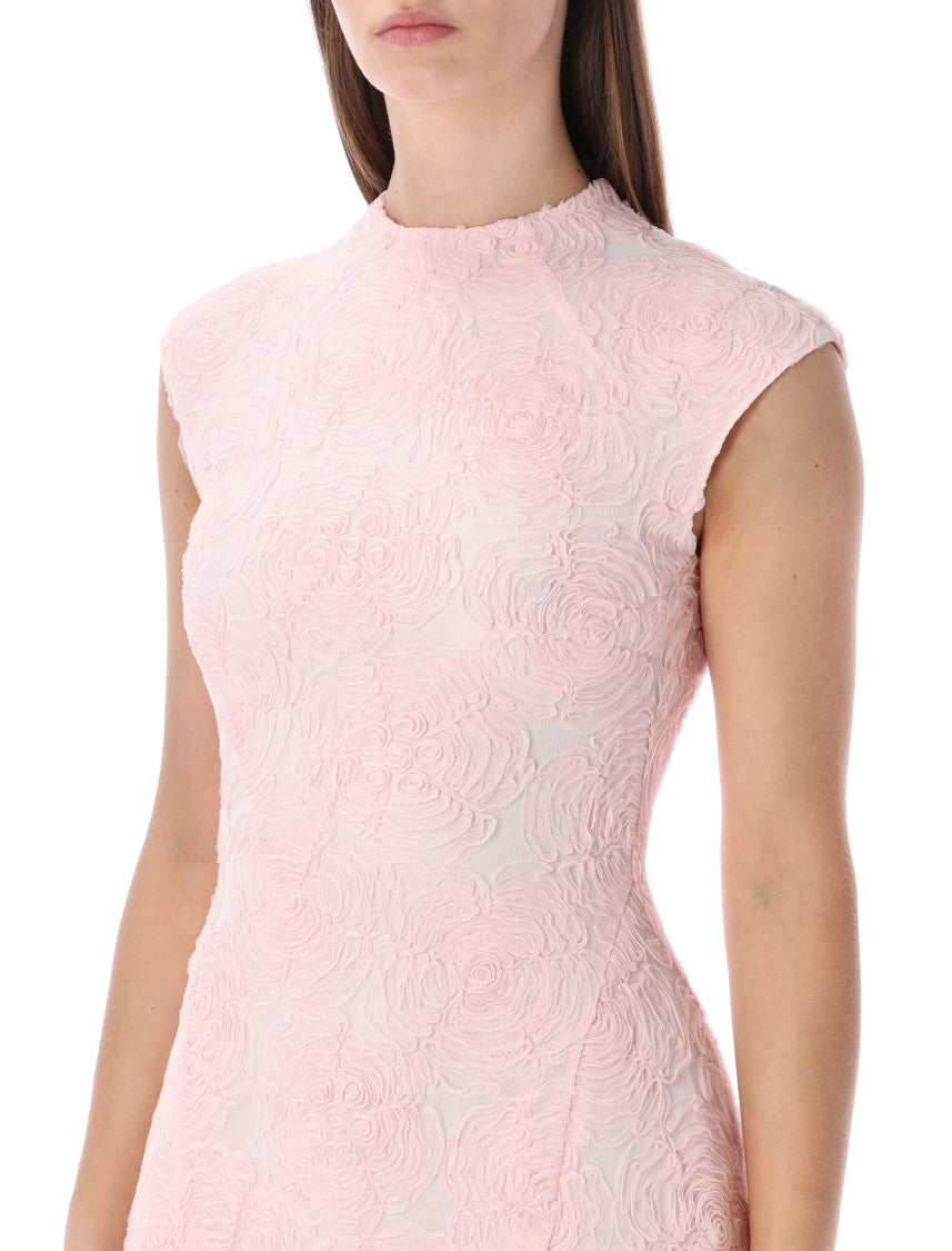 Rotate Flared Pink Mesh Mini Dress With Floral Embroidery