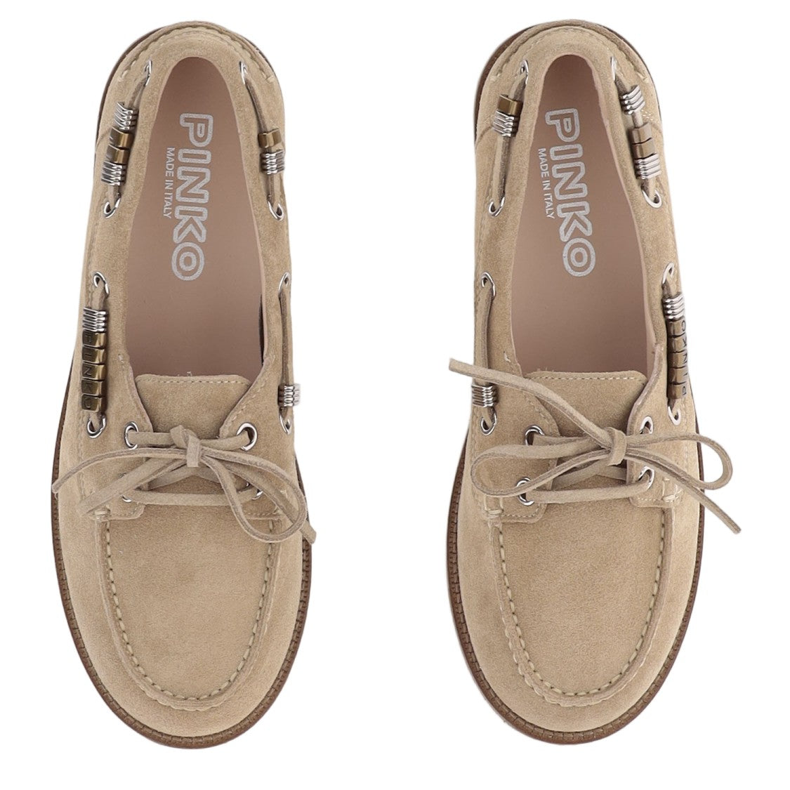 Pinko Beige Leather Loafers With Metal Eyelet Detailing