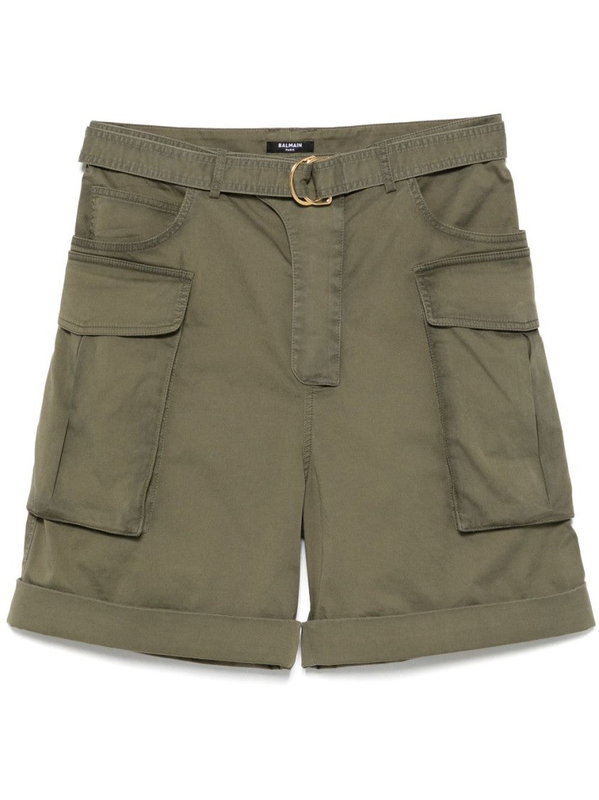 Balmain Olive Green Belted Waist Turn-Up Shorts