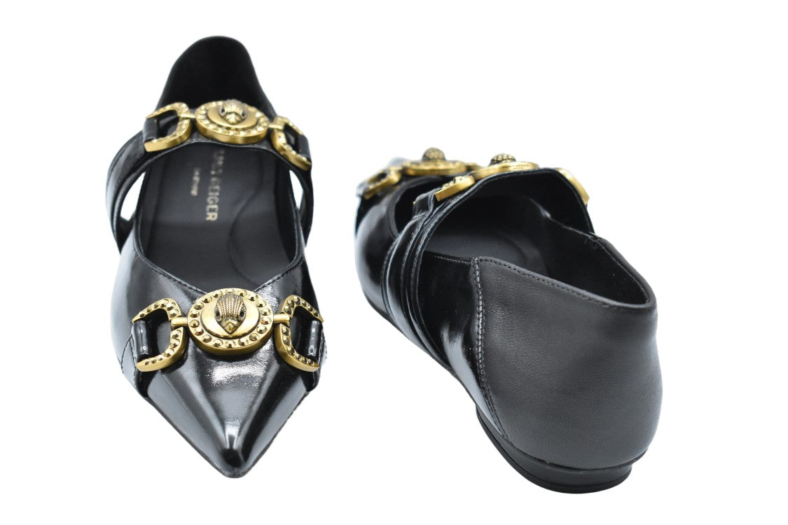 Kurt Geiger Pointed-Toe Black Flats With Decorative Gold Hardware